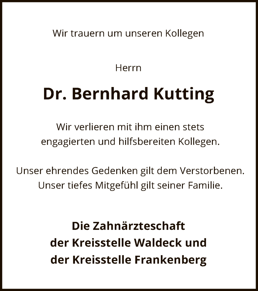  Traueranzeige für Bernhard Kutting vom 01.04.2023 aus HNA