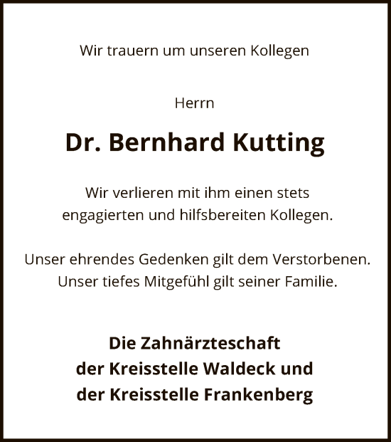 Traueranzeige von Bernhard Kutting von HNA