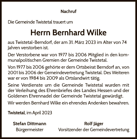 Traueranzeige von Bernhard Wilke von WLZ