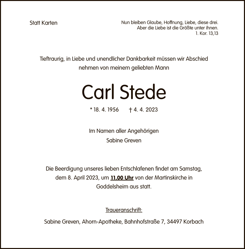  Traueranzeige für Carl Stede vom 06.04.2023 aus WLZ