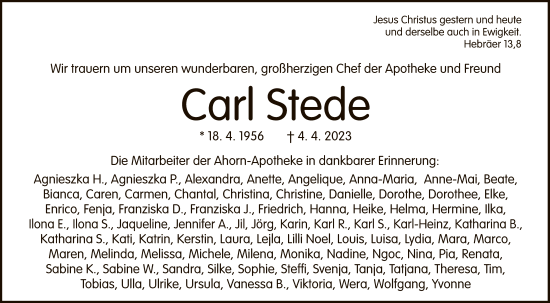 Traueranzeige von Carl Stede von WLZ