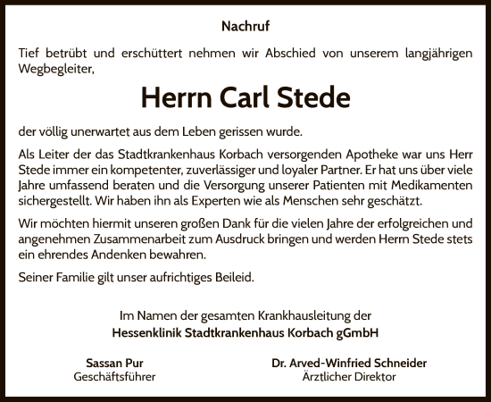 Traueranzeige von Carl Stede von WLZ