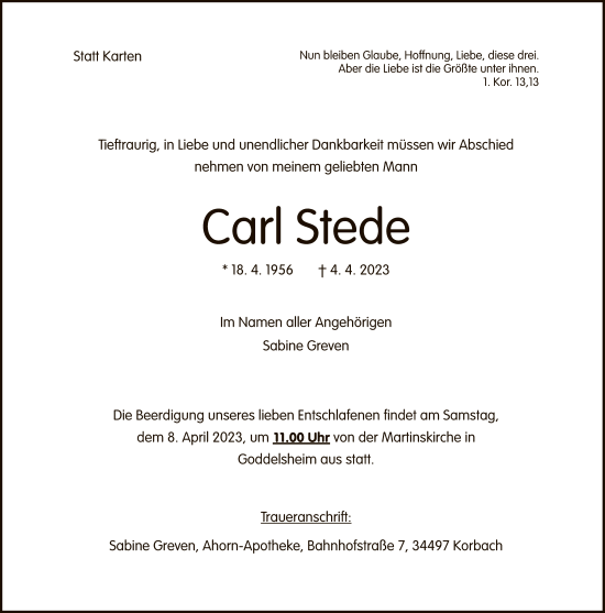 Traueranzeige von Carl Stede von WLZ