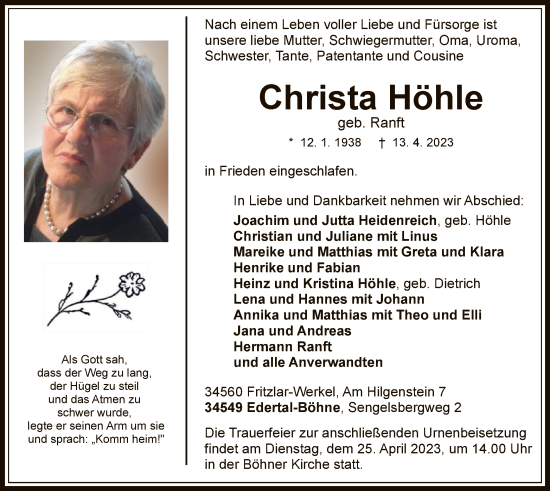 Traueranzeige von Christa Höhle von WLZ