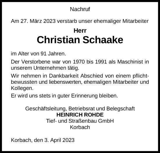 Traueranzeige von Christian Schaake von WLZ