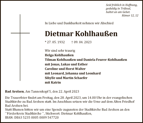 Traueranzeige von Dietmar Kohlhaußen von WLZ