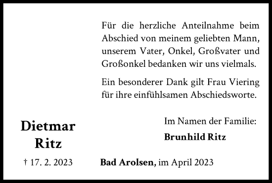 Traueranzeige von Dietmar Ritz von WLZ