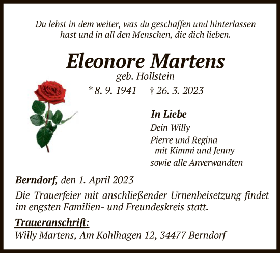 Traueranzeige von Eleonore Martens von WLZ