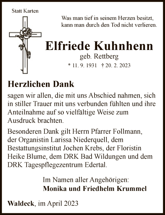 Traueranzeige von Elfriede Kuhnhenn von WLZ