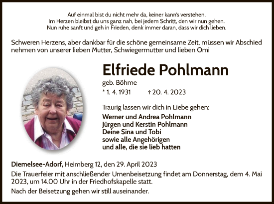 Traueranzeige von Elfriede Pohlmann von WLZ