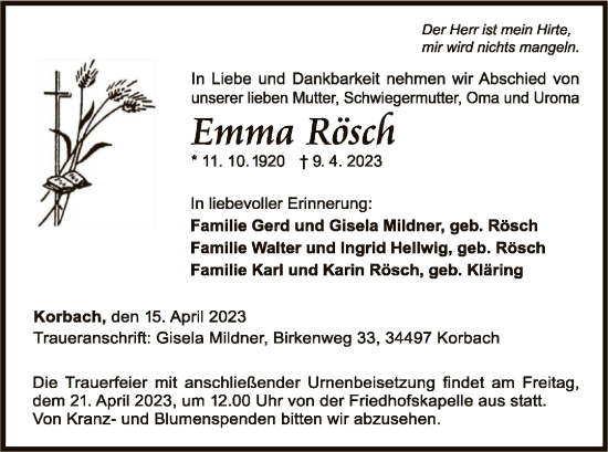 Traueranzeige von Emma Rösch von WLZ