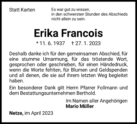 Traueranzeige von Erika Francois von WLZ