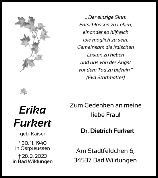 Traueranzeige von Erika Furkert von WLZ
