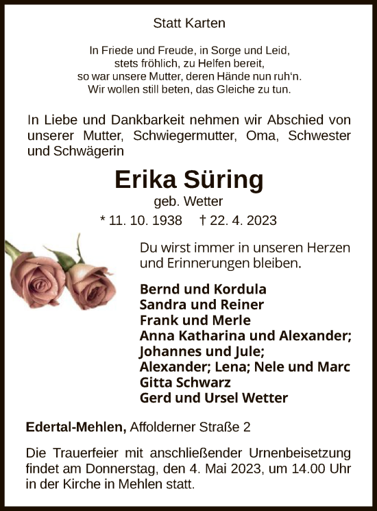 Traueranzeige von Erika Süring von WLZ