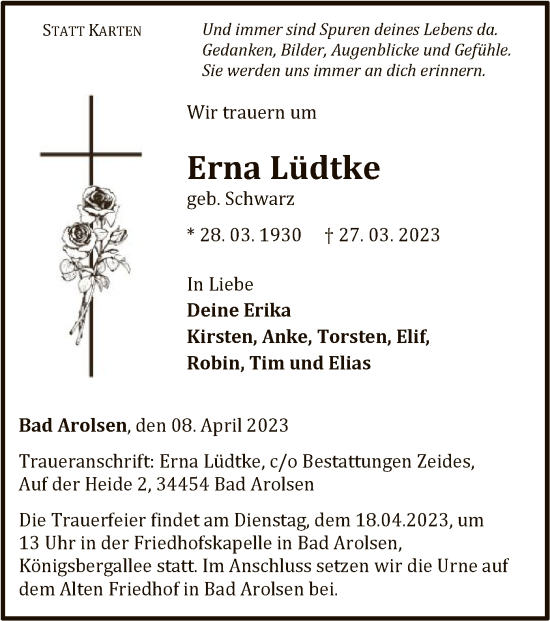 Traueranzeige von Erna Lüdtke von WLZ