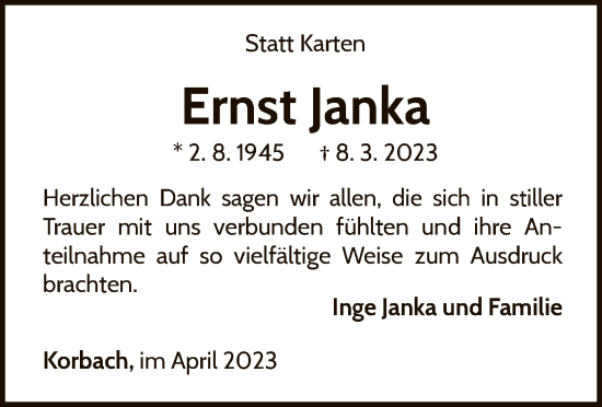 Traueranzeige von Ernst Janka von WLZ