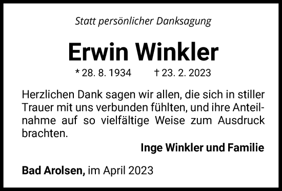 Traueranzeige von Erwin Winkler von WLZ