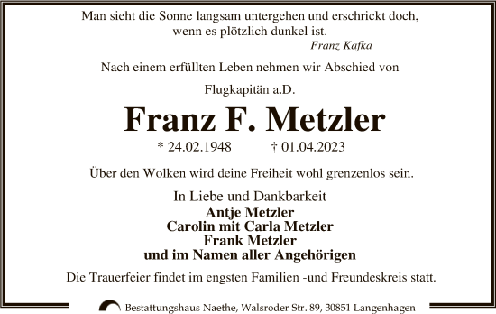 Traueranzeige von Franz F. Metzler von WLZ