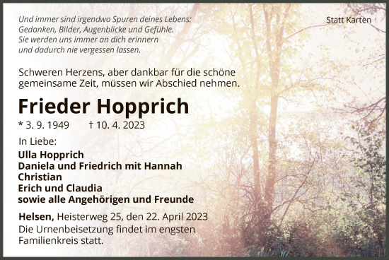 Traueranzeige von Frieder Hopprich von WLZ