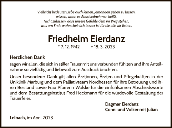 Traueranzeige von Friedhelm Eierdanz von WLZ