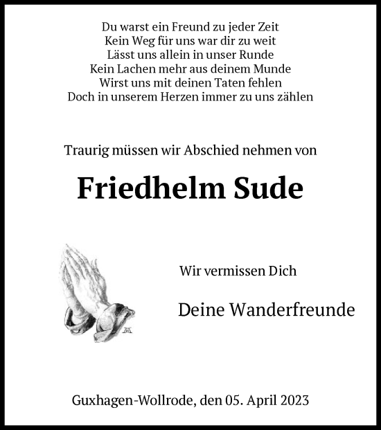 Traueranzeige von Friedhelm Sude von WLZ