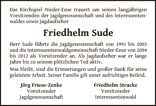 Traueranzeige von Friedhelm Sude von WLZ