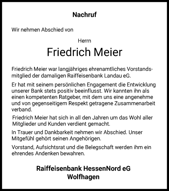 Traueranzeige von Friedrich Meier von WLZ