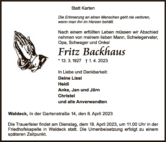 Traueranzeige von Fritz Backhaus von WLZ