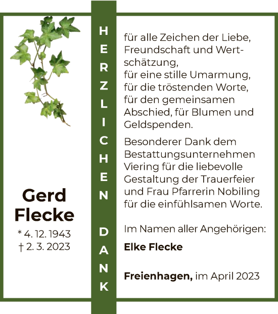 Traueranzeige von Gerd Flecke von WLZ