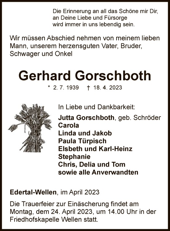 Traueranzeige von Gerhard Gorschboth von WLZ