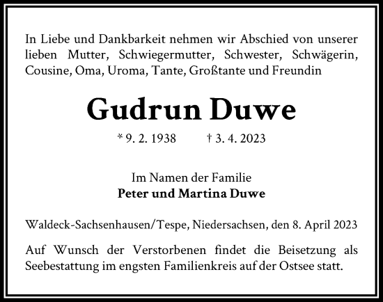 Traueranzeige von Gudrun Duwe von WLZ