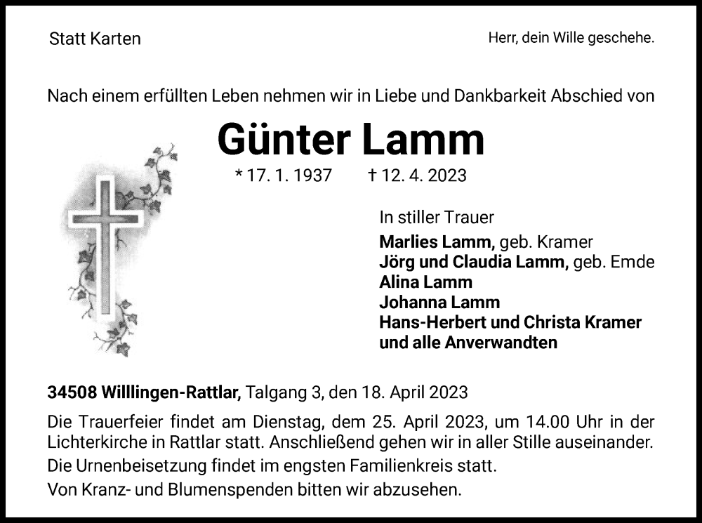 Traueranzeige für Günter Lamm vom 18.04.2023 aus WLZ