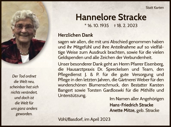 Traueranzeige von Hannelore Stracke von WLZ