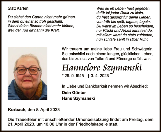 Traueranzeige von Hannelore Szymanski von WLZ