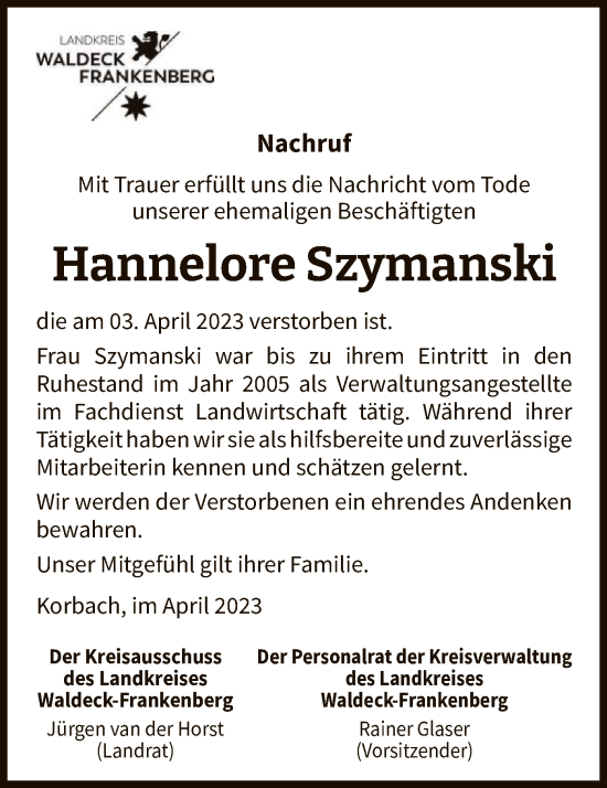 Traueranzeige von Hannelore Szymanski von WLZ