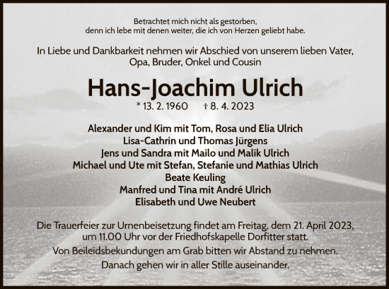 Traueranzeige von Hans-Joachim Ulrich von WLZ