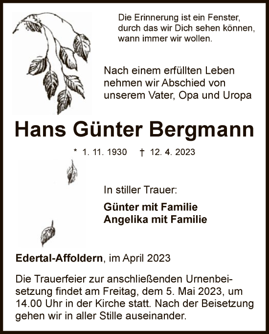 Traueranzeige von Hans Günter Bergmann von WLZ