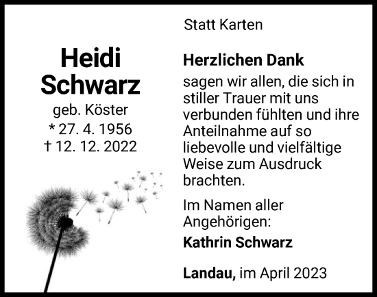 Traueranzeige von Heidi Schwarz von WLZ