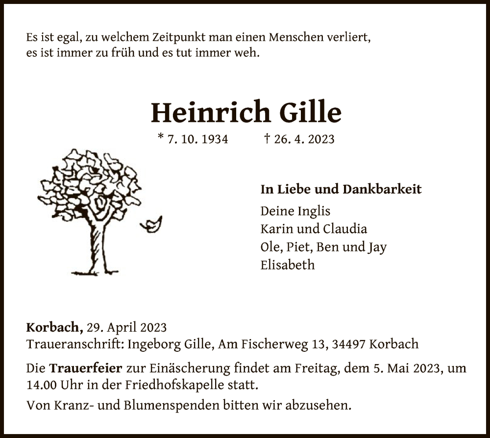  Traueranzeige für Heinrich Gille vom 29.04.2023 aus WLZ