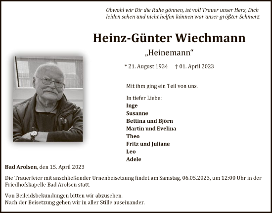 Traueranzeige von Heinz-Günter Wiechmann von WLZ