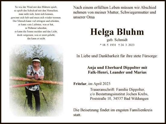 Traueranzeige von Helga Bluhm von HNA