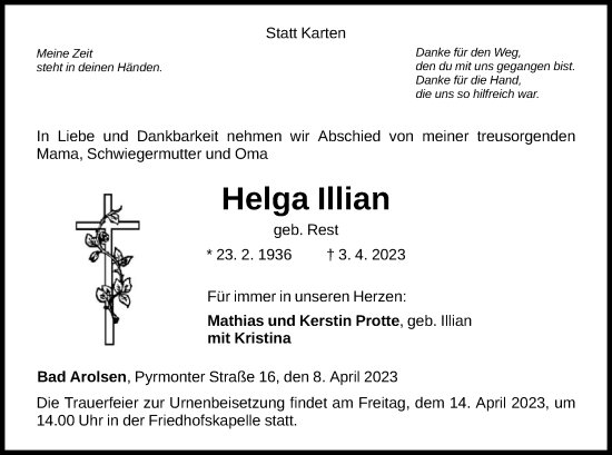 Traueranzeige von Helga Illian von WLZ