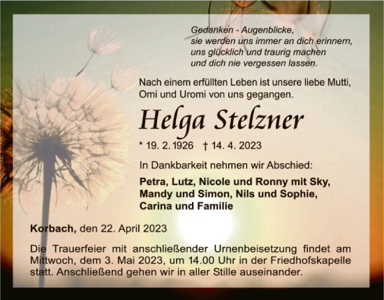 Traueranzeige von Helga Stelzner von WLZ