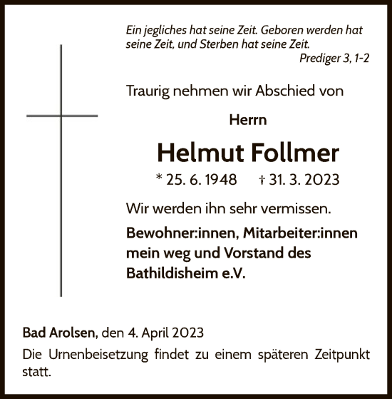 Traueranzeige von Helmut Follmer von WLZ