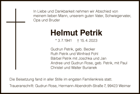 Traueranzeige von Helmut Petrik von WLZ