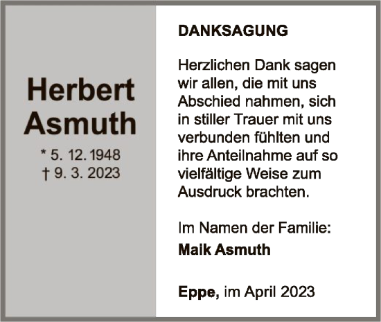 Traueranzeige von Herbert Asmuth von WLZ