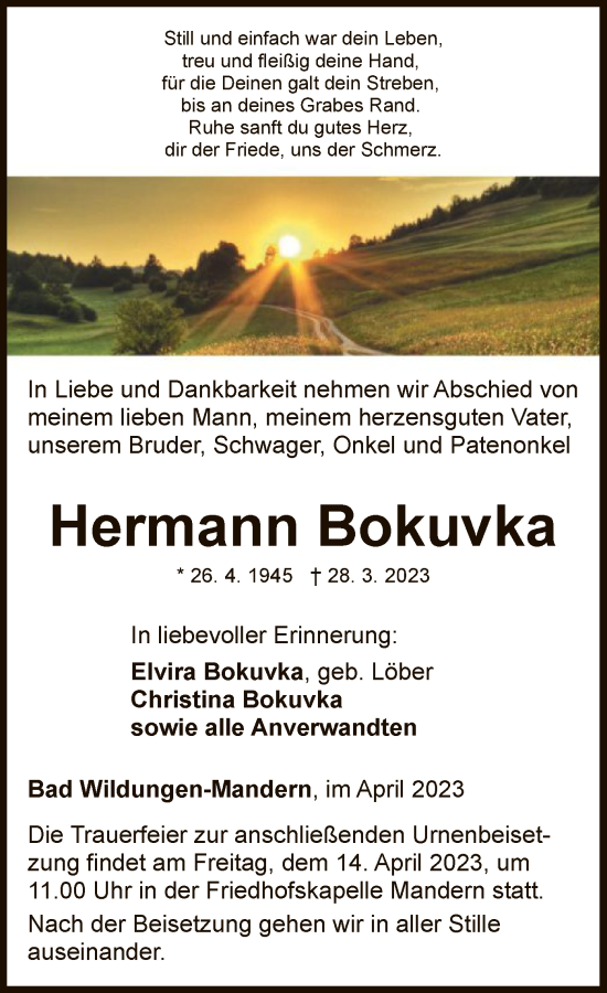Traueranzeige von Hermann Bokuvka von WLZ