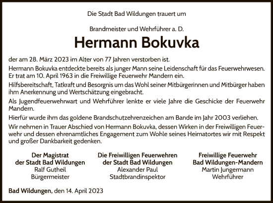 Traueranzeige von Hermann Bokuvka von WLZ