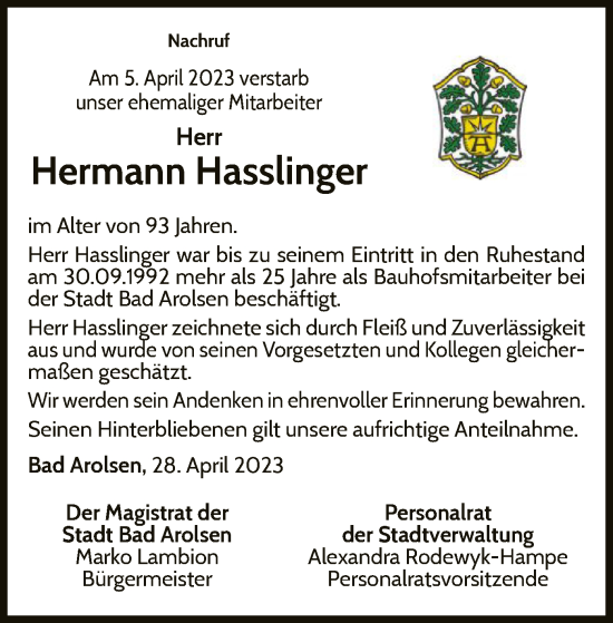 Traueranzeige von Hermann Hasslinger von WLZ