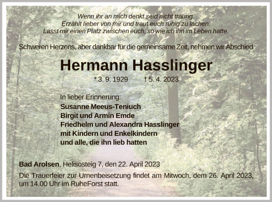 Traueranzeige von Hermann Hasslinger von WLZ